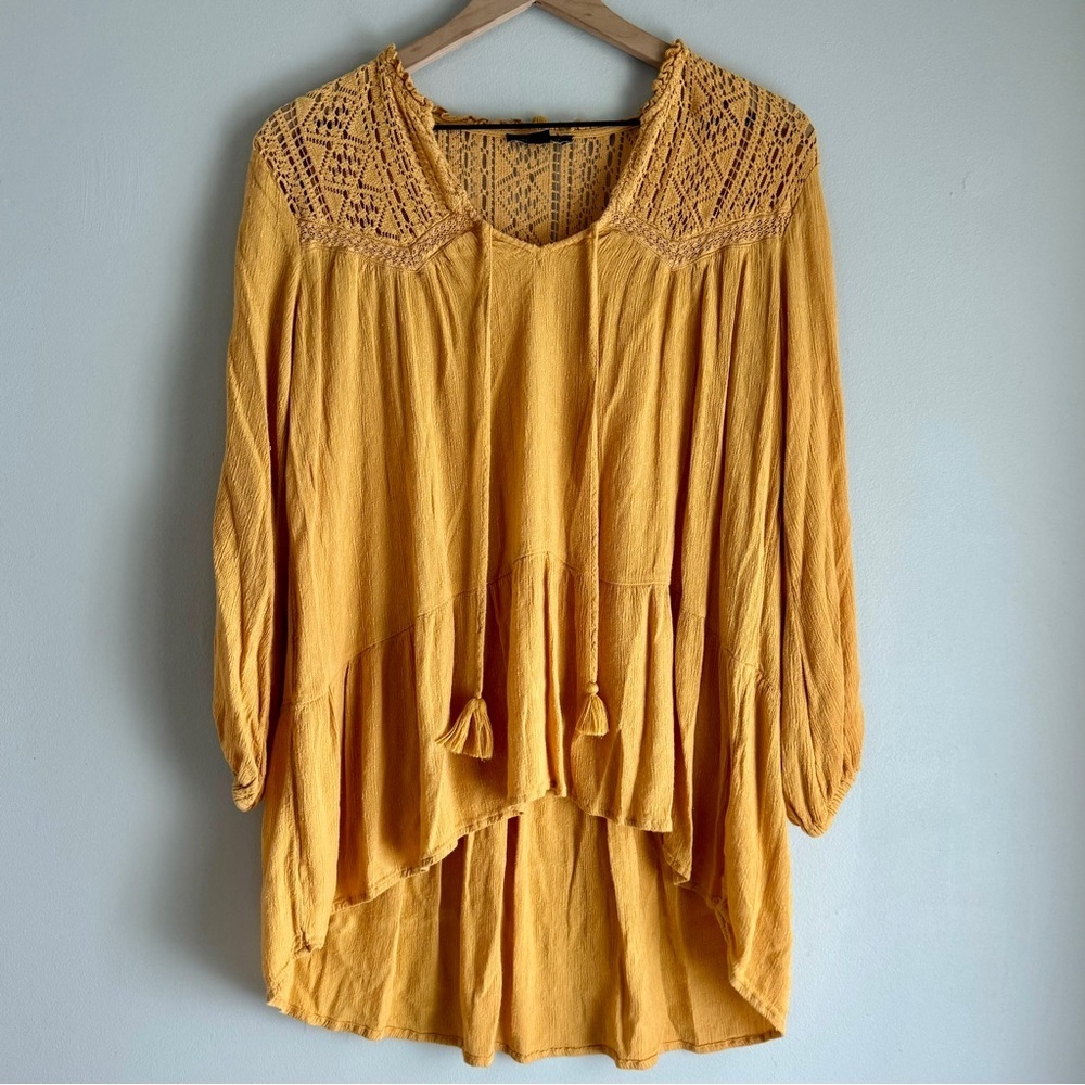 American Eagle Yellow Lace Inset Long Sleeve Boho Tunic Blouse Size Small - Picture 2 of 9
